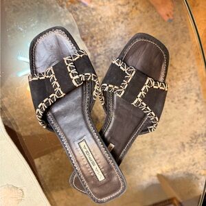 Via Spiga Black Suede Slip-On Mules with Cream Whipstitch